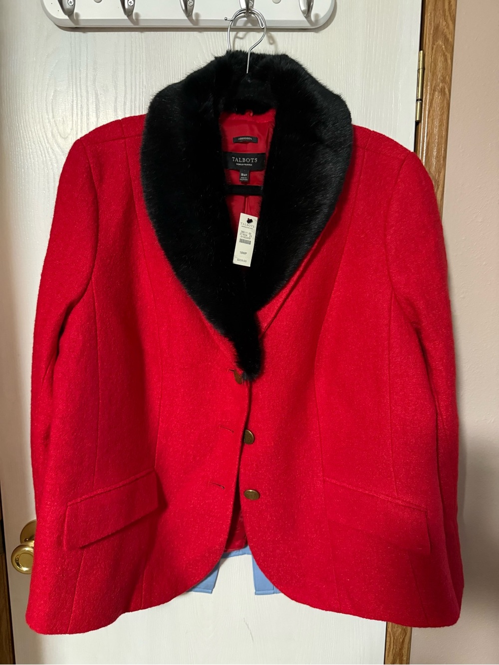 Talbots Women's Red Wool/rayon Coat with Black Faux Fur Collar